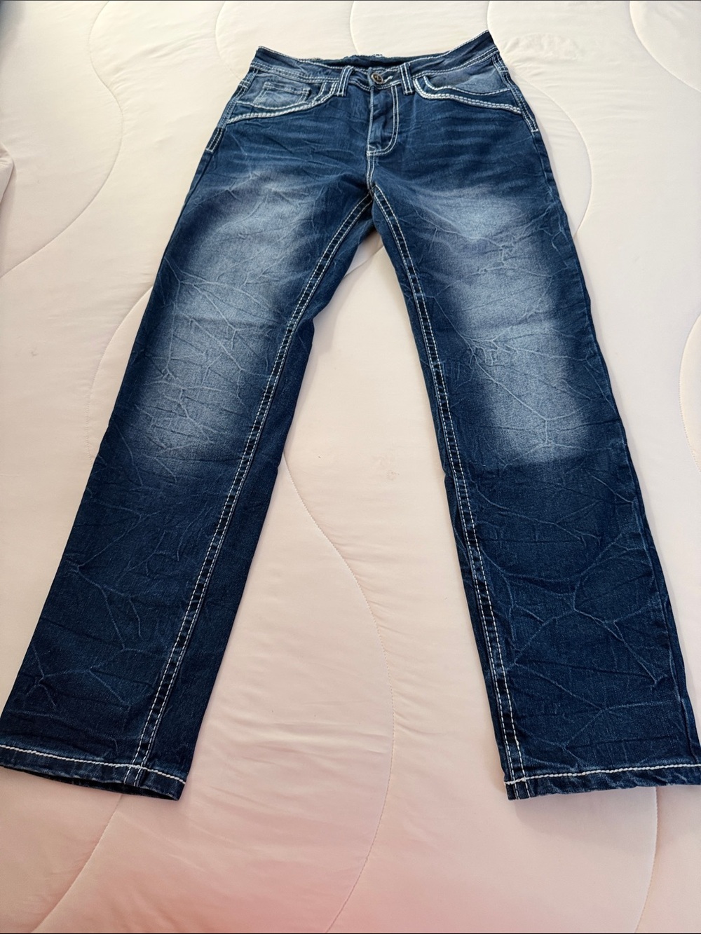 Men's Dark Blue Bootcut Jeans with Faded Detailing
